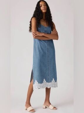 Levi's Blue Denim Slip Dress with White Lace Hem